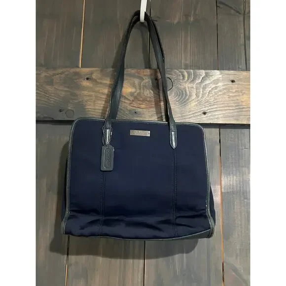 Vintage Coach Navy Blue Tote Bag Stretch Fabric Shoulder Purse Zipper Pockets - Picture 2 of 16